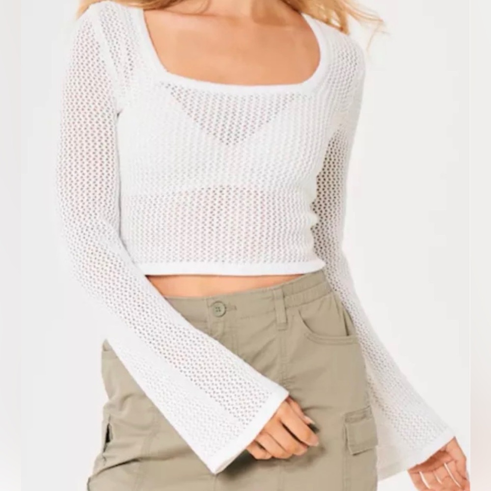 Vintage Y2K Hollister White Open Knit Bell Sleeve Regencycore Cropped Sweater L‎